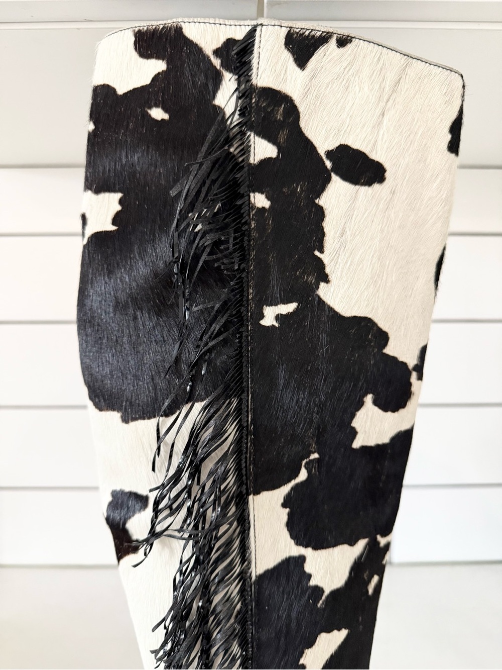 Vintage 90s Studio Delman Cow Print Calf Hair Fringe Tall Boots - US 8.5 *RARE* - Picture 10 of 11